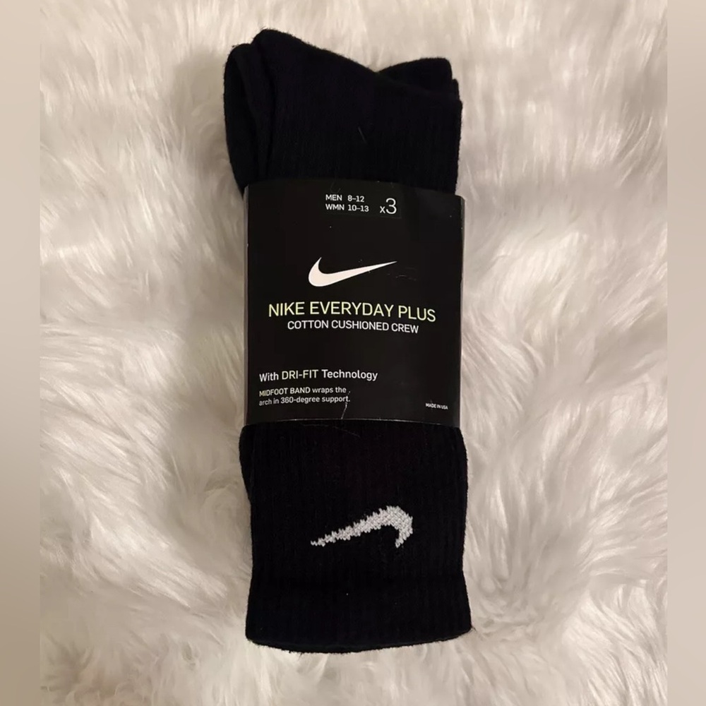 NIKE EVERYDAY PLUS 3-PAIRS MEN'S CREW SOCKS BLACK SIZE LG L (FIT 8-12 SHOE)